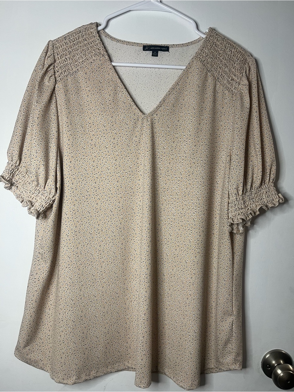 Adrianna Papell Beige Smocked Shoulder V-Neck Tunic